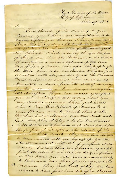 |  CourtesyA copy of the Mormon "extermination order" issued by Missouri Governor Lilburn W. Boggs in 1838.