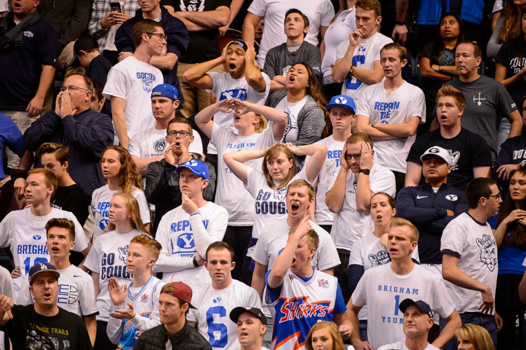 (Trent Nelson | The Salt Lake Tribune)   BYU fans during overtime as BYU hosts the St. Mary's Gaels, NCAA basketball in Provo, Saturday December 30, 2017.