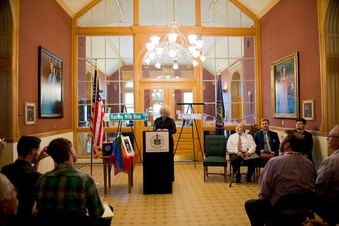 (Rachel Molenda | The Salt Lake Tribune)
Salt Lake City Mayor Jackie Biskupski speaks at a ceremony where she was given the Harvey Milk Civil Rights Award by the International Imperial Court at the Salt Lake City-County Building in Salt Lake City, Utah, on Friday, May 25, 2018. Seated from left to right are San Diego human rights commissioner Nicole Murray-Ramirez, Equality Utah director Troy Williams and Salt Lake City Councilman Chris Wharton.