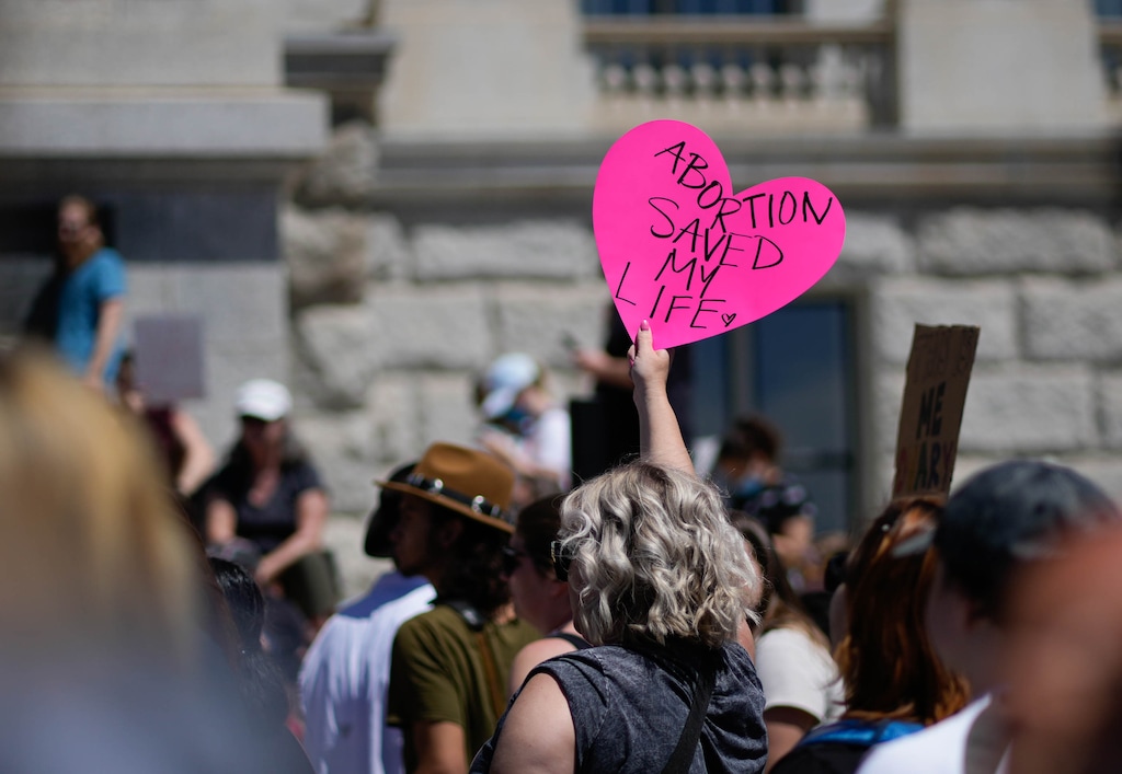 (Francisco Kjolseth | The Salt Lake Tribune) Protesters gather at the Utah Capitol for a “Bans Off Our Beehive” rally in support of abortion rights on Saturday, May 14, 2022.