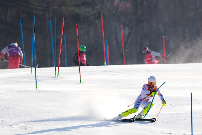 (Chris Detrick  |  The Salt Lake Tribune)  USA's Jared Goldberg competes in the Men's Alpine Combined at Jeongseon Alpine Centre during the Pyeongchang 2018 Winter Olympics Tuesday, February 13, 2018.  Goldberg finished in 36th place with a time of 2:22.88.