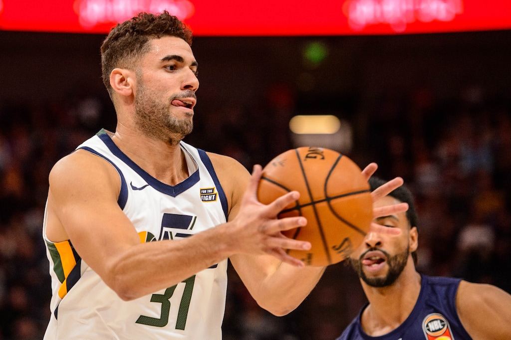 (Trent Nelson  |  The Salt Lake Tribune)  Utah Jazz forward Georges Niang (31) pulls in a rebound as the Utah Jazz host the Adelaide 36ers, NBA basketball in Salt Lake City on Saturday Oct. 5, 2019.