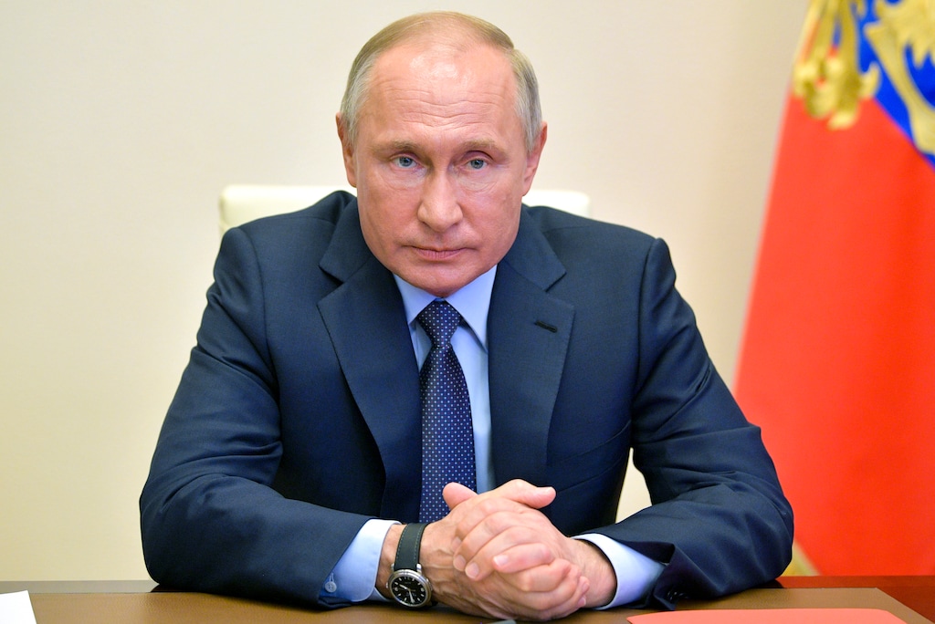 (Alexei Druzhinin | Sputnik, Kremlin pool photo via AP)  President Vladimir Putin chairs a Security Council meeting via teleconference at the Novo-Ogaryovo residence outside Moscow in Moscow, Russia, on Friday, April 24, 2020.