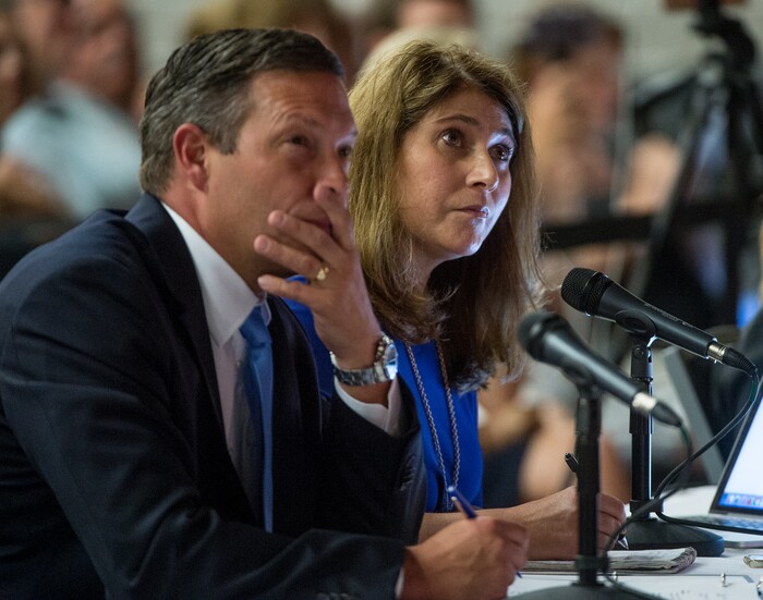 Leah Hogsten | The Salt Lake Tribune
l-r Hinckley Institute of Politics director Jason Perry and The Salt Lake Tribune editor Jennifer Napier-Pearce moderate the the 3rd District primary debate between Provo Mayor John Curtis, former state Rep. Chris Herrod and businessman Tanner Ainge during The Salt Lake Tribune-Hinckley Institute of Politics debate, July 28, 2017, at the Utah Valley Convention Center in Provo. The primary will be held Aug. 15.