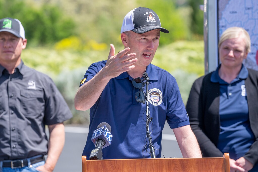 (Rick Egan | The Salt Lake Tribune) Gov Spencer Cox says a few words about this year's plans for bolstering Utah's wildfire preparedness during a news conference at This is the Place Heritage State Park on Tuesday, May 20, 2025.