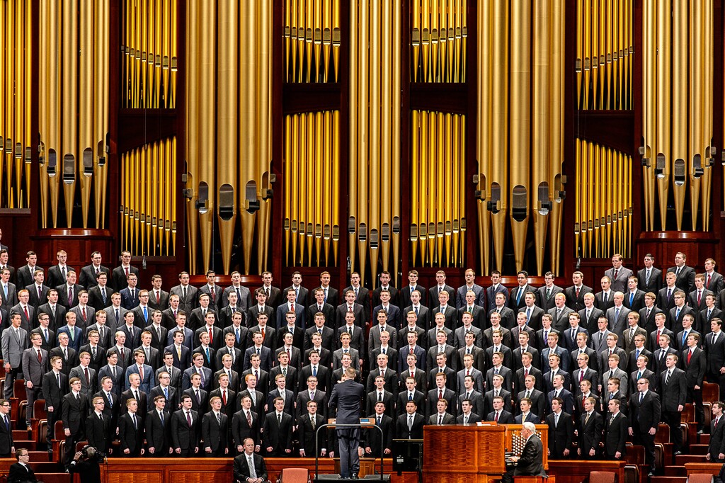 (Trent Nelson  |  The Salt Lake Tribune_
An all-male choir performs at the priesthood session of the 186th Annual General Conference of The Church of Jesus Christ of Latter-day Saints in Salt Lake City, Saturday, April 2, 2016.