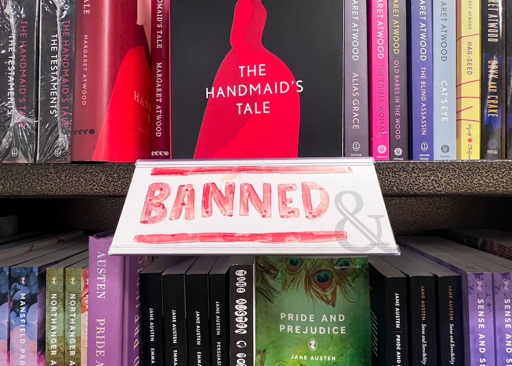 (Bethany Baker  |  The Salt Lake Tribune) A sign indicates a book for sale at Barnes and Noble that has been banned in Utah public schools in Salt Lake City Saturday, Dec. 14, 2024.