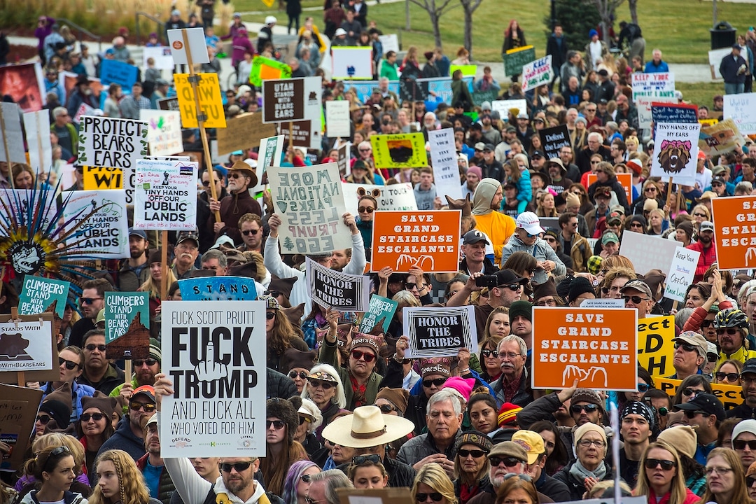 (Chris Detrick  |  The Salt Lake Tribune) Supporters of the Bears Ears and Grand Staircase-Escalante National Monuments rally at the Utah State Capitol Saturday, December 2, 2017.  Utah Highway Patrol estimated 5,000 people attended the rally. 