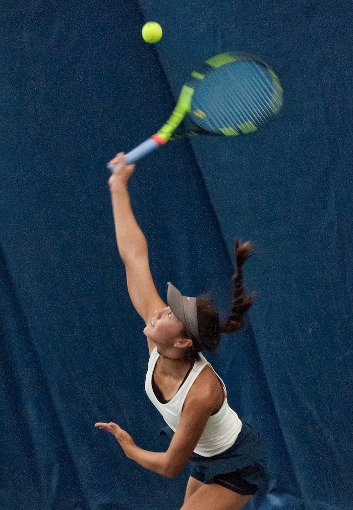 Michael Mangum  |  Special to the TribuneRidgeline High School's Naya Tillit serves the ball during the Utah high school state tennis finals at the Salt Lake Tennis & Health Club in Salt Lake City on Saturday, September 30, 2017. Tillit defeated Park City's Livi Rockwood for the 4A 1st singles state championship.