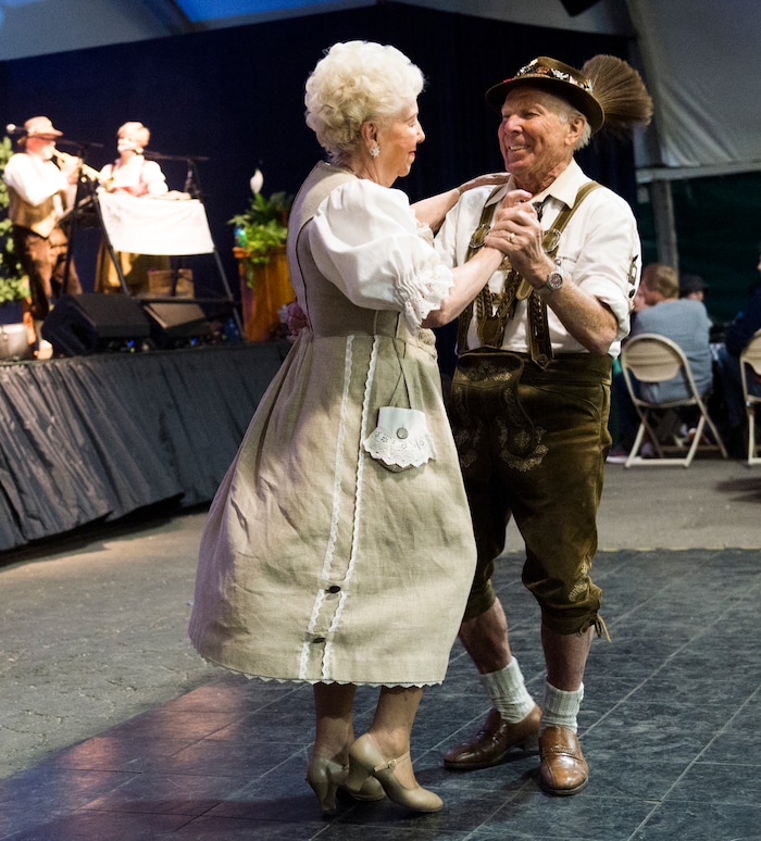 (Rick Egan  |  The Salt Lake Tribune)   Walter and Silvia Schwemmer got dance to  Salzburger Echo, at the Oktoberfest celebration at Snowbird. Sunday, Sept. 30, 2018.