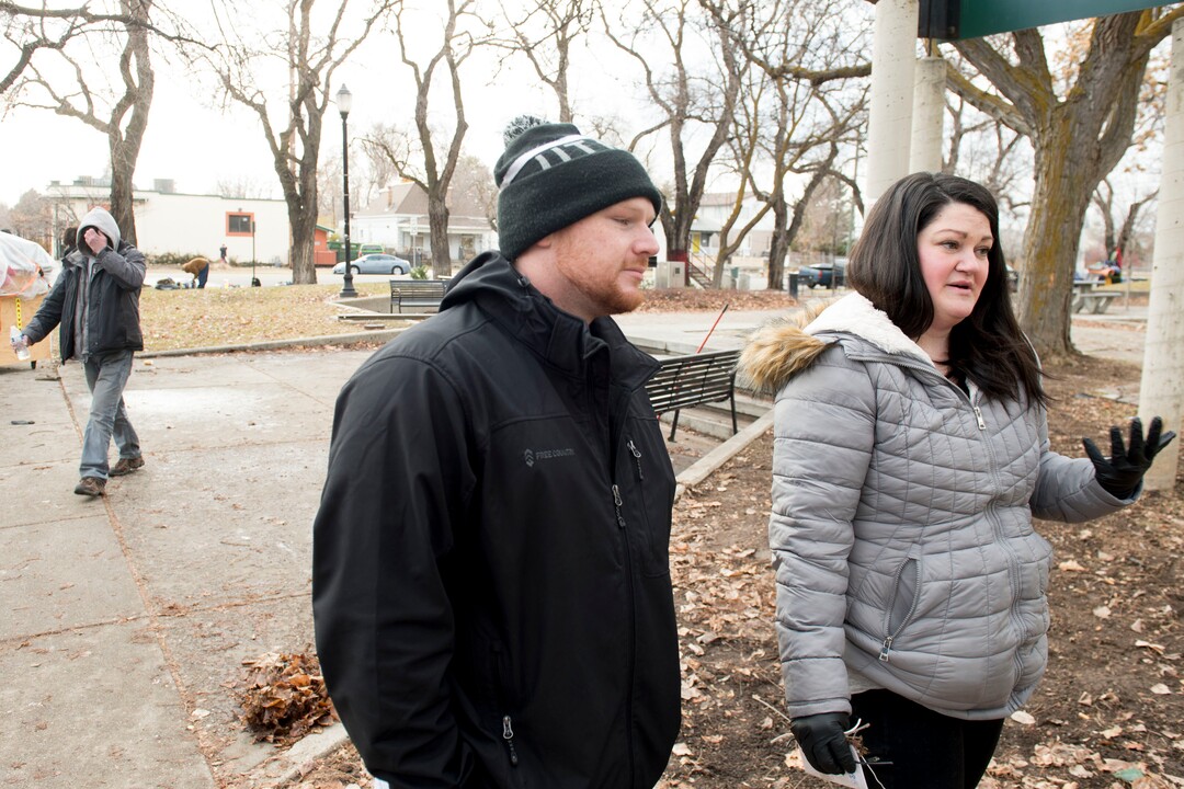 (Jeremy Harmon  |  The Salt Lake Tribune) Mike Sanchez and Billie Scott talk about their new non profit organization Addict to Advocate during an outreach effort at Taufer Park on Thursday, January 9, 2020. The group helps unsheltered individuals clean up their campsites in advance of Health Department cleanups so they don't lose items they need in cold weather. This was the first day they helped clean a camp.