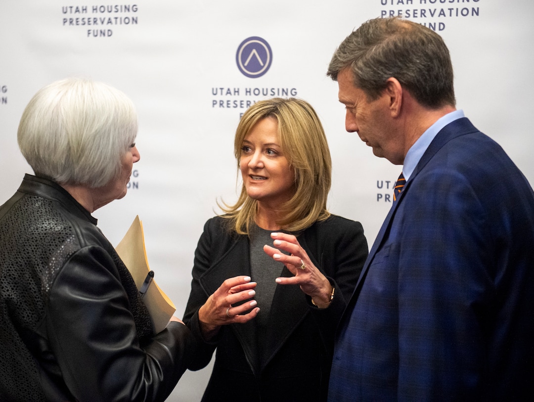 (Rick Egan  |  The Salt Lake Tribune)    Gail Miller and Mikelle Moore visit with Marion Willey, after a news conference about the $100 million private-sector driven effort to preserve affordable housing in Utah, at the Utah State Capitol, Monday March 2, 2020