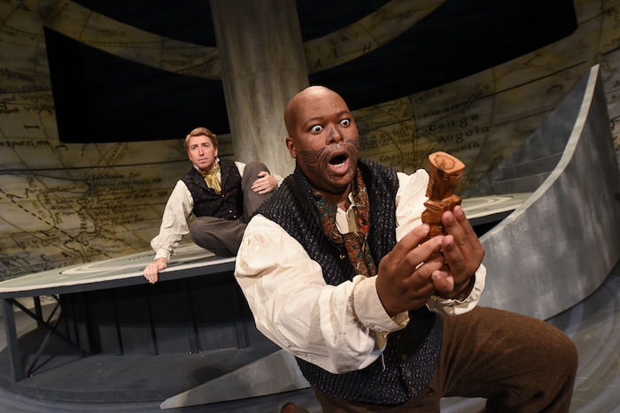 (Francisco Kjolseth  |  The Salt Lake Tribune)  Stars Joshua Dennis as Greenhorn, left, and Musa Ngqungwana as Queequeg act out scenes from Utah Opera's upcoming "Moby-Dick" at the Capitol Theatre for the 21st-century opera by Jake Heggie based on the classic novel by Herman Melville.