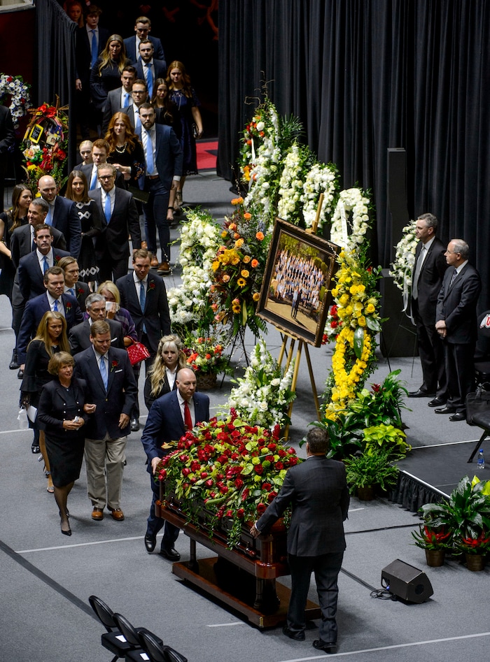 (Steve Griffin  |  The Salt Lake Tribune)  The casket of Jon Huntsman Sr. is brought into the Huntsman Center during funeral services on the University of Utah campus in Salt Lake City Saturday February 10, 2018.