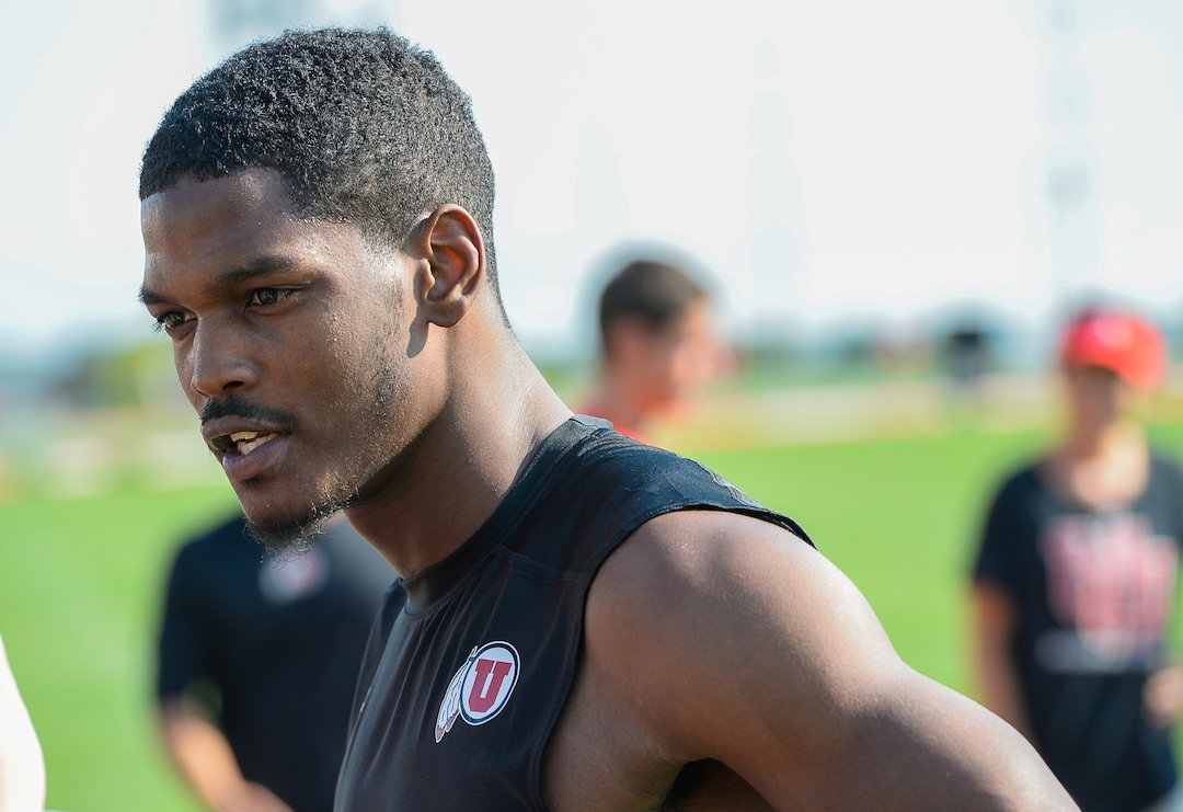 (Francisco Kjolseth  |  The Salt Lake Tribune)  Safety Marquise Blair, #13, is interviewed by sports reporters following the Utah football team's first practice of the season on Wed. Aug. 1, 2018.