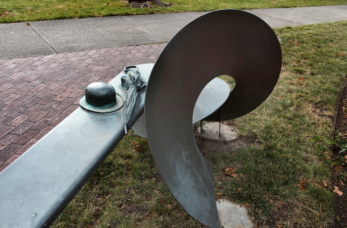 (Scott Sommerdorf   |  The Salt Lake Tribune)   
The bench at South Temple and T Street created by Utah sculptor Richard Johnston, Wednesday, December 20, 2017.  
