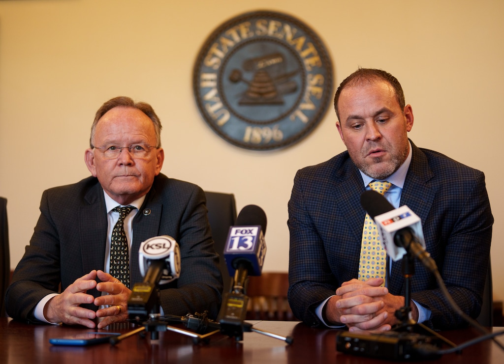 (Trent Nelson  |  The Salt Lake Tribune) Senate President Stuart Adams, R-Layton, and House Speaker Mike Schultz, R-Hooper, hold a news conference to address the Natalie Cline situation at the Utah Capitol in Salt Lake City on Thursday, Feb. 15, 2024.