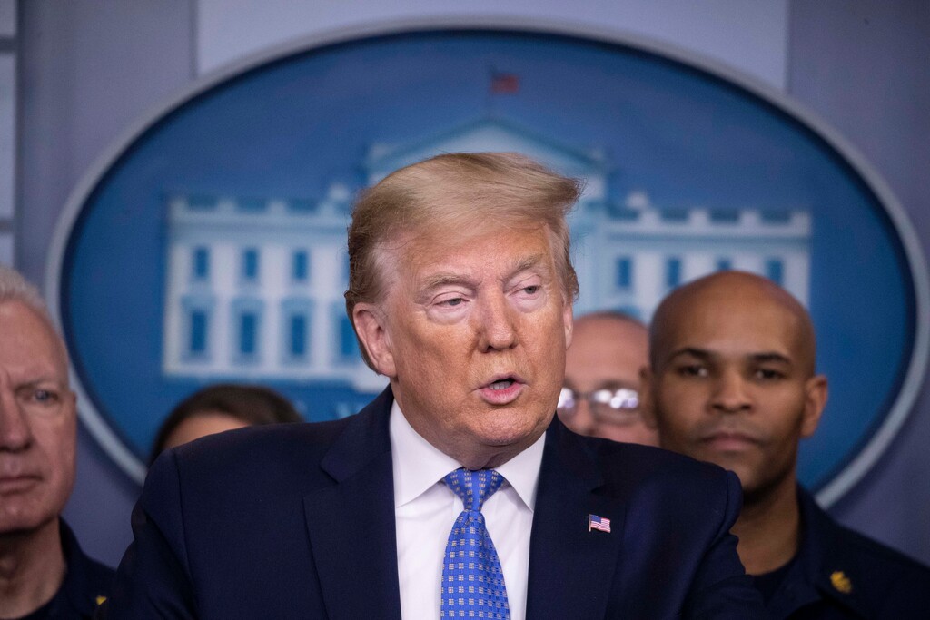 President Donald Trump speaks during a briefing about the coronavirus in the James Brady Press Briefing Room of the White House, Sunday, March 15, 2020, in Washington. (AP Photo/Alex Brandon)