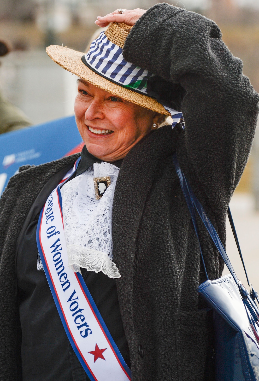 (Leah Hogsten  |  The Salt Lake Tribune)  Linda James shows off her suffragist attire while rallying with fellow League of Women Voters of Salt Lake and Utah, Friday, Feb. 14, 2020 in celebration of 150 years since Utah women voted, 100 years of the 19th Amendment and the 100th anniversary of League of Women Voters.