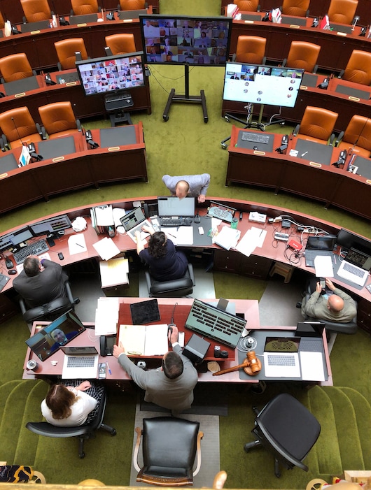 (Rick Egan  |  The Salt Lake Tribune)  House Speaker Brad Wilson conducts business in a special session in House Chambers, in front of video monitors and a near empty room, Thursday, April 16, 2020, in a historic remote legislative meeting.