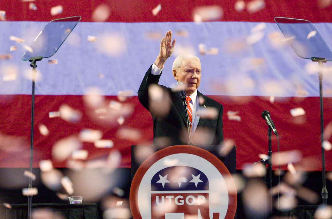 (Leah Hogsten  |  The Salt Lake Tribune) Retiring Senator Orrin Hatch was honored at the Utah Republican Nominating Convention Saturday, April 21, 2018 at the Maverik Center. 