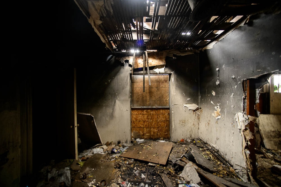 (Trent Nelson | The Salt Lake Tribune)  A dilapidated, fire-damaged building near 100 South 700 East in Salt Lake City, Thursday Feb. 15, 2018. Other Side Academy has received approval to demolish it for their expansion.