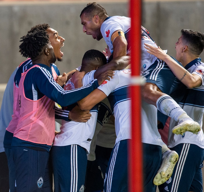 (Rick Egan  |  The Salt Lake Tribune) The Vancouver Whitecaps celebrate their second goal of the night, in MLS action between Real Salt Lake and the Vancouver Whitecaps at Rio Tinto Stadium on Saturday, Sept. 19, 2020.

 