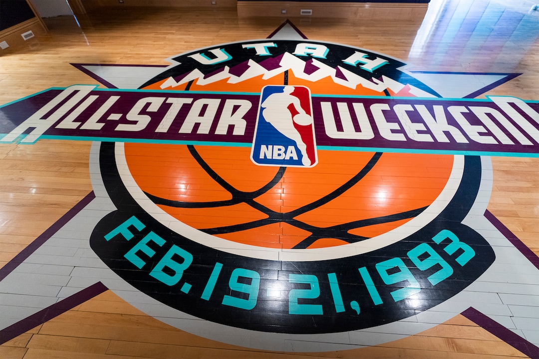 (Rick Egan | The Salt Lake Tribune) The floor from the 1993 All-Star Game in the basement of Utah Valley University's new Museum of Art at Lakemount Manor in Orem, on Wednesday, May 10, 2023.