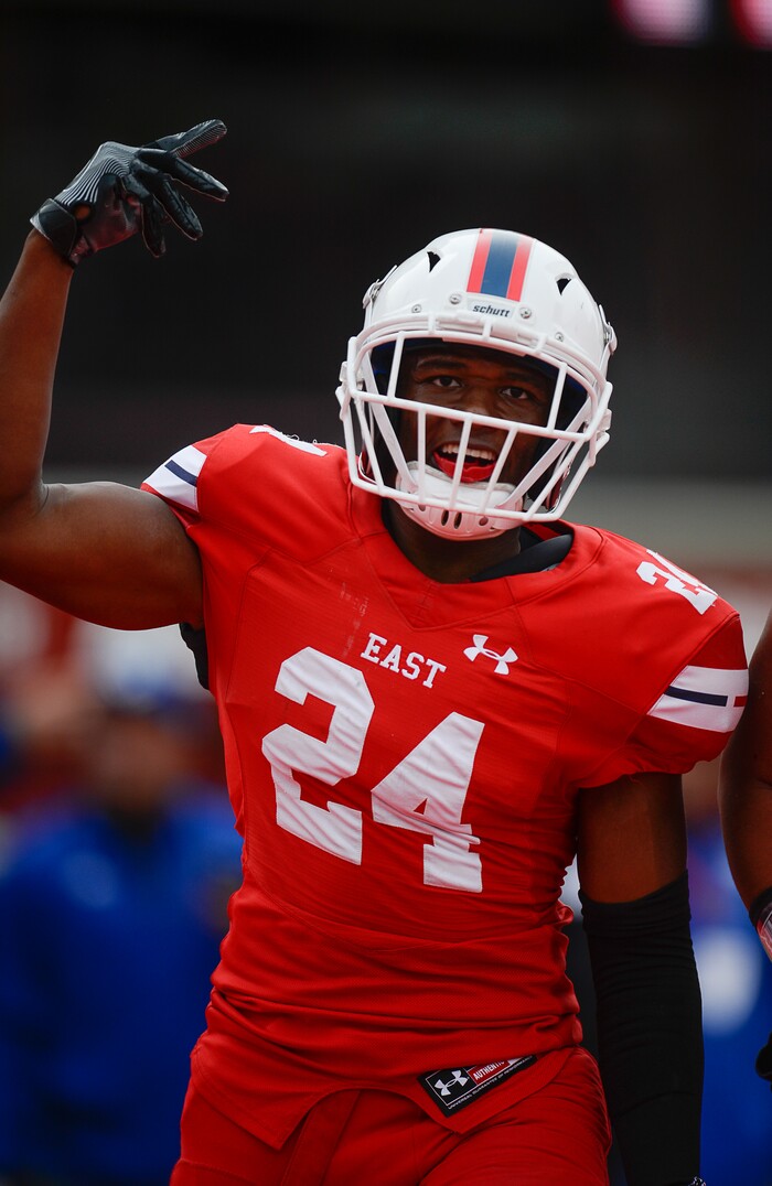 (Francisco Kjolseth | The Salt Lake Tribune) Jaylon Vickers of East celebrates his touchdown over Lone Peak in their class 6A semifinal game at Rice-Eccles Stadium, Friday, Nov. 10, 2017.