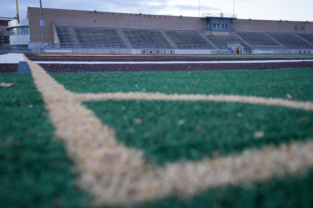 (Bethany Baker  |  The Salt Lake Tribune) Lines for the soccer field are seen at Davis High School in Kaysville on Thursday, Jan. 8, 2026.