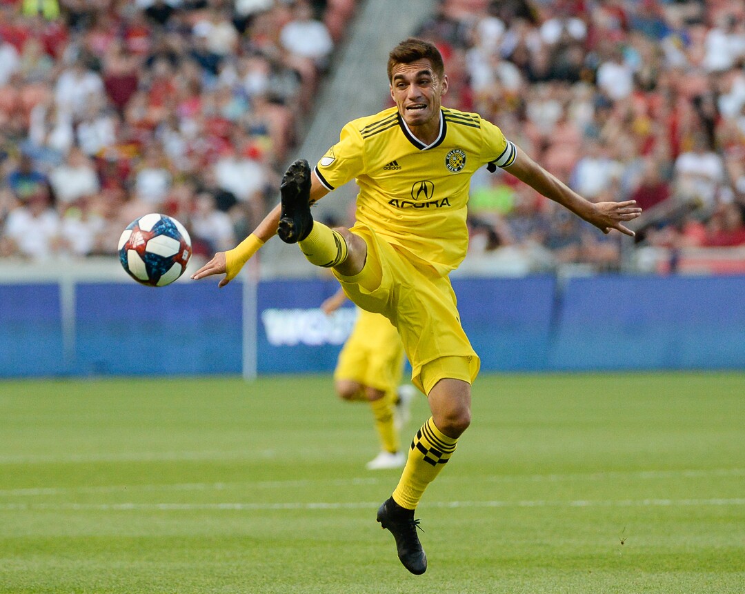 (Francisco Kjolseth  |  The Salt Lake Tribune)  Columbus Crew midfielder Hector Jimenez (16) tries to keep the ball in play as Real Salt Lake hosts Columbus Crew SC, in MLS Soccer at Rio Tinto Stadium in Sandy, Utah on Wed, July 3, 2019.
