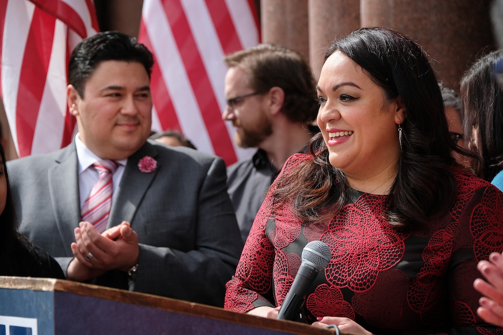 (Francisco Kjolseth | The Salt Lake Tribune) Salt Lake City Sen. Luz Escamilla launches her official campaign for city mayor from the steps of the Salt Lake City and County building on Tuesday, March 26, 2019. As the city grows and becomes more diverse, Escamilla says she would represent a number of overlooked communities, including the Latino population and the city’s west side. If elected, she would likely be the first ethnic minority mayor of Salt Lake City and would be only the third woman to hold the position.