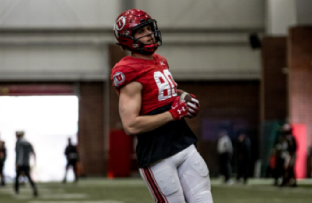 (Utah Athletics) Utes tight end Brant Kuithe participates in spring practice at the University of Utah on March 29, 2022. Kuithe, a Pac-12 All-Conference second team last season, opted to return to school instead of declaring for the NFL Draft.