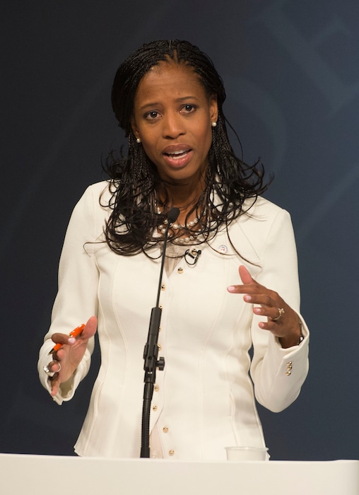 Steve Griffin | The Salt Lake Tribune
Mia Love addresses the audience as she debates Doug Owens, in Utah's premier congressional matchup in the 4th district at the Dolores Dor Eccles Broadcast Center on the University of Utah campus in Salt Lake City, Tuesday, October 14, 2014.
