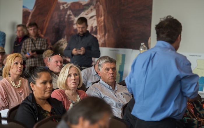 (Leah Hogsten  |  The Salt Lake Tribune)  Navajo Mountain resident Terry Whitehat, who is in favor of the newly proposed redistricting plans in San Juan County, expressed his frustration with repeated denials of employment within the county, despite his degrees and credentials.  San Juan County residents were presented with proposals of the newly redrawn county commission and school board districts during hearings in Monticello and Bluff, November 16, 2017. The redistricting proposals would redraw voting districts to ensure significant American Indian majorities in two of three County Commission districts and on four of five school board voting districts as the result of a January 2012 lawsuit filed in U.S. District Court by the Navajo Nation. The lawsuit seeks the redrawing of voting districts to reflect the 2010 U.S. Census. Last year, U. S. District Court Judge Robert Shelby ruled the voting districts in the sprawling southeastern Utah county, which today is home to 16,895 residents, are unconstitutional and violate the rights of American Indians. He ordered the county to redraw them.
