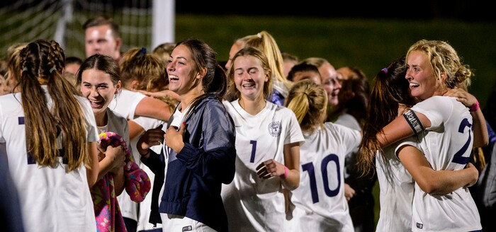 (Steve Griffin | The Salt Lake Tribune) Timpanogos players celebrate their victory over TImpview during the 5A semifinal girl's soccer match at Juan Diego High School in Draper Tuesday October 17, 2017.