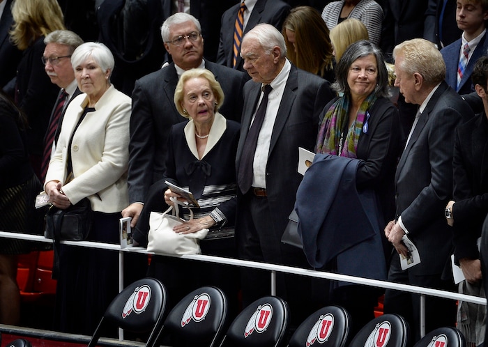 Scott Sommerdorf | The Salt Lake Tribune
Gail Miller, left, and Mary Beckerle, CEO and Director of Huntsman Cancer Institute, right, stand at the end of the funeral services for Jon M. Huntsman, Sr., Saturday, February, 10, 2018. 
