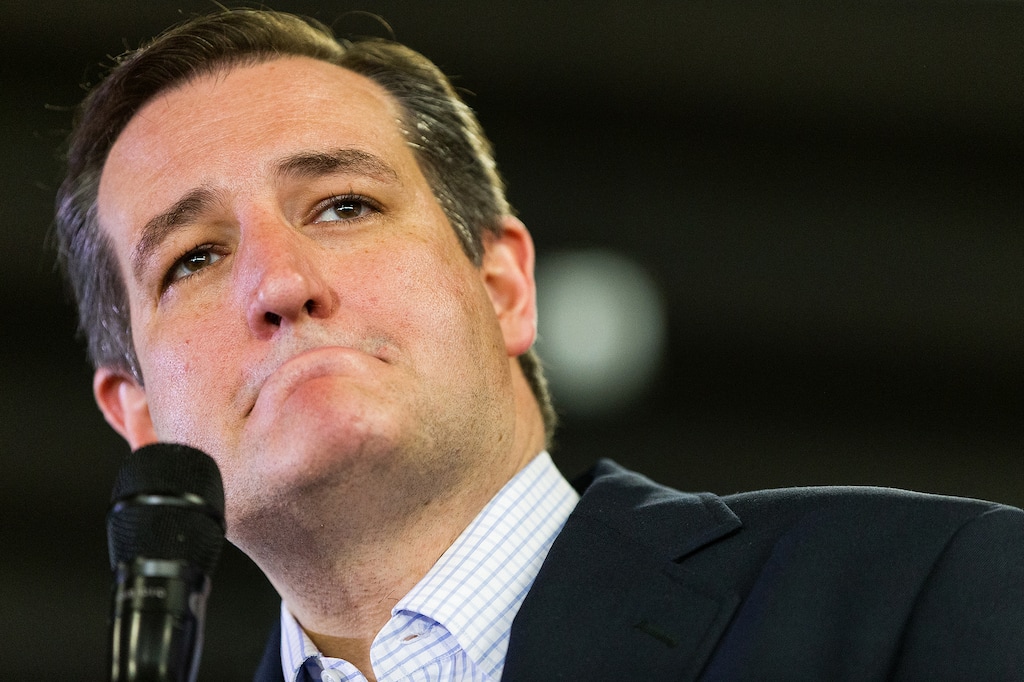 Sen. Ted Cruz pauses while speaking about tax reform to thousands of supporters during a campaign stop Saturday, March 5, 2016. (Shawn Gust/Coeur D'Alene Press via AP)