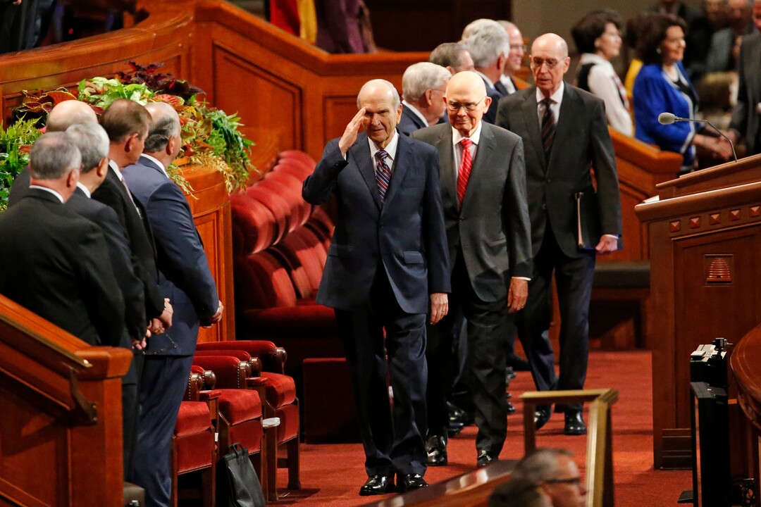 (Rick Bowmer | AP) The Church of Jesus Christ of Latter-day Saints' President Russell M. Nelson, center, enters for a twice-annual church conference Saturday, Oct. 5, 2019, in Salt Lake City. Nelson has rolled out a number of policy changes during his first two years at the helm of the faith, leading to heightened anticipation for what he may announce at this weekend's conference in Salt Lake City.