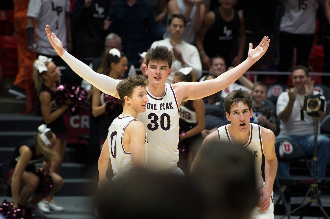 Scott Sommerdorf | The Salt Lake TribuneLone Peak's Jackson Brinkerhoff plays to the crowd after a second half dunk. Lone Peak beat Layton 82-47, in a boy's 6A semi-final, FrIday, March. 2, 2018.