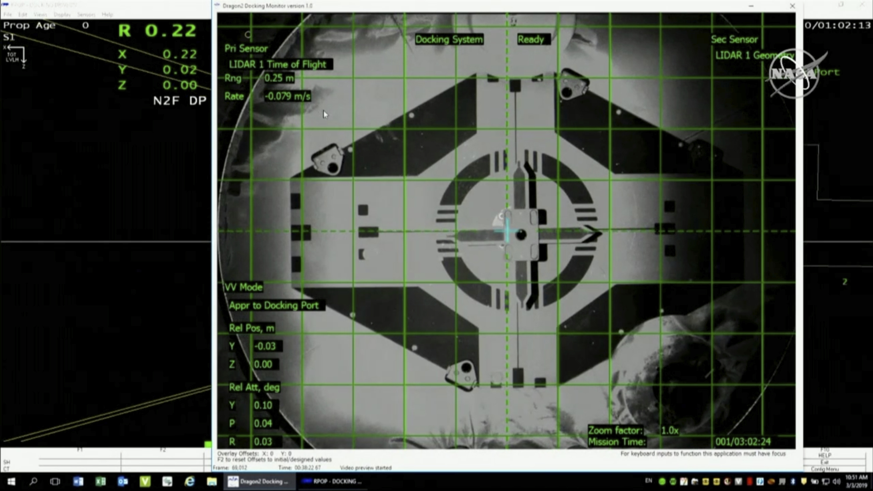 In this image taken from NASA Television, Sunday, March 3, 2019, a live screen shows docking scene of SpaceX's new crew capsule and the International Space Station Sunday, March 3, 2019. SpaceX's new crew capsule arrived at the International Space Station, acing its second milestone in just over a day. No one was aboard the Dragon capsule launched Saturday on its first test flight, only an instrumented dummy. (NASA TV via AP)
