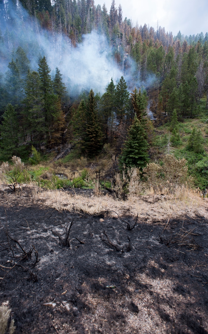 (Rick Egan  |  The Salt Lake Tribune)         The Dollar Ridge fire continues to burn along highway 40, Tuesday, July 10, 2018.


