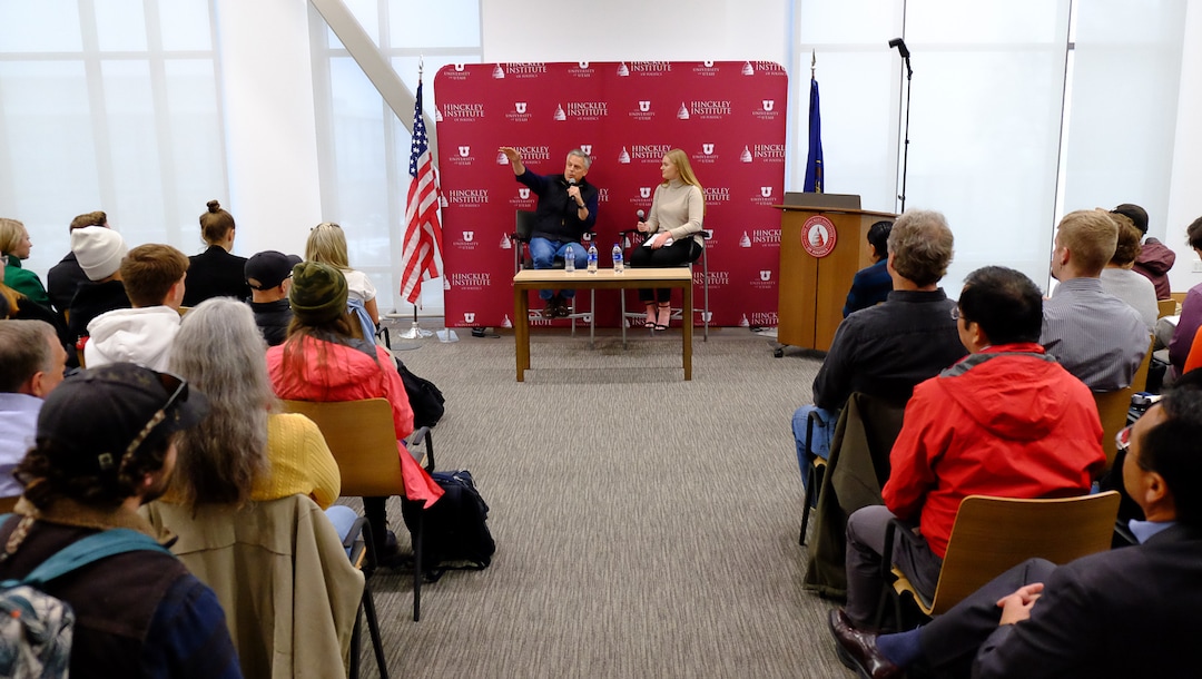 (Francisco Kjolseth  |  The Salt Lake Tribune)  Former Utah Governor and Ambassador Jon Huntsman sits down with ASUU Student Body President Annamarie Barnes at the Hinckley Institute of Politics on the University of Utah campus on Thursday, Dec. 5, 2019, to discuss his long career in public service spanning from UtahÕs GovernorÕs Mansion to Chinese and Russian ambassadorships and examine the increasing significance Utah plays in our globalized world.