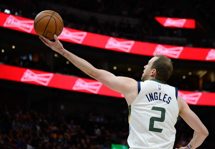 (Francisco Kjolseth  |  The Salt Lake Tribune)  Utah Jazz forward Joe Ingles (2) drives the ball as the Utah Jazz host the Sacramento Kings in their NBA game at Vivint Smart Home Arena Friday, April 5, 2019, in Salt Lake City.