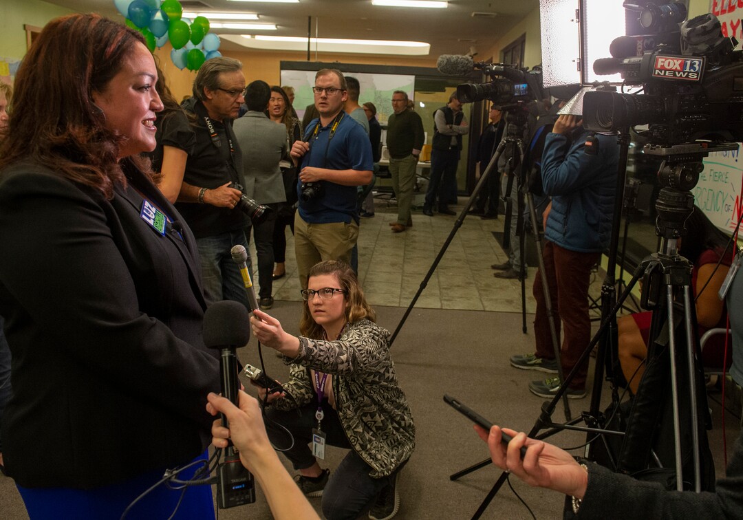 (Rick Egan  |  The Salt Lake Tribune) Salt Lake City mayoral candidate  Luz Escamilla is interviewed by FOX 13 as she awaits the ballot results in the Salt Lake City Mayor's race, at her campaign headquarters, Tuesday, Nov. 5, 2019.