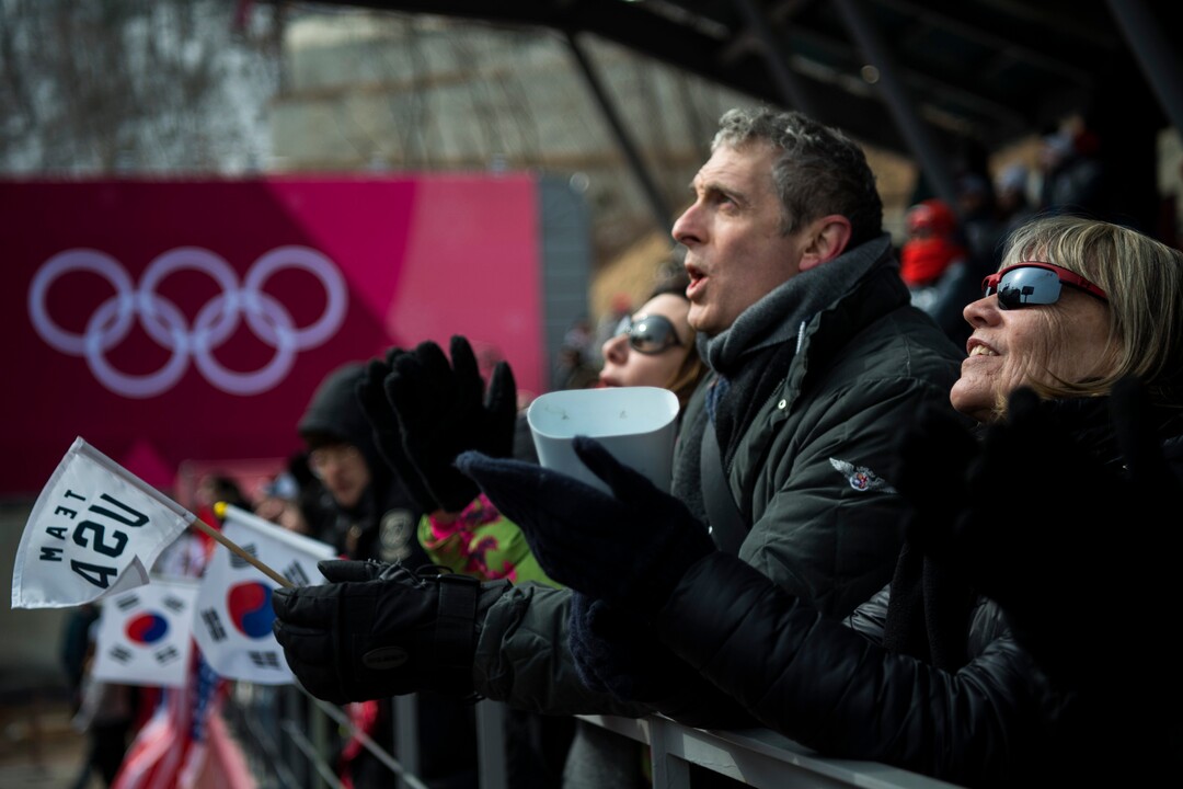 (Chris Detrick  |  The Salt Lake Tribune)  Jean Schaefer and Brian Boxer Wachler watch as Team USA bobsledders race at Olympic Sliding Centre during the Pyeongchang 2018 Winter Olympics Saturday, Feb. 24, 2018. 