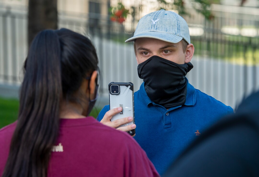 (Rick Egan  |  The Salt Lake Tribune)    A counter protester to the Justice for Bernardo demonstration films protesters, in Salt Lake City, Tuesday, July 7, 2020.
