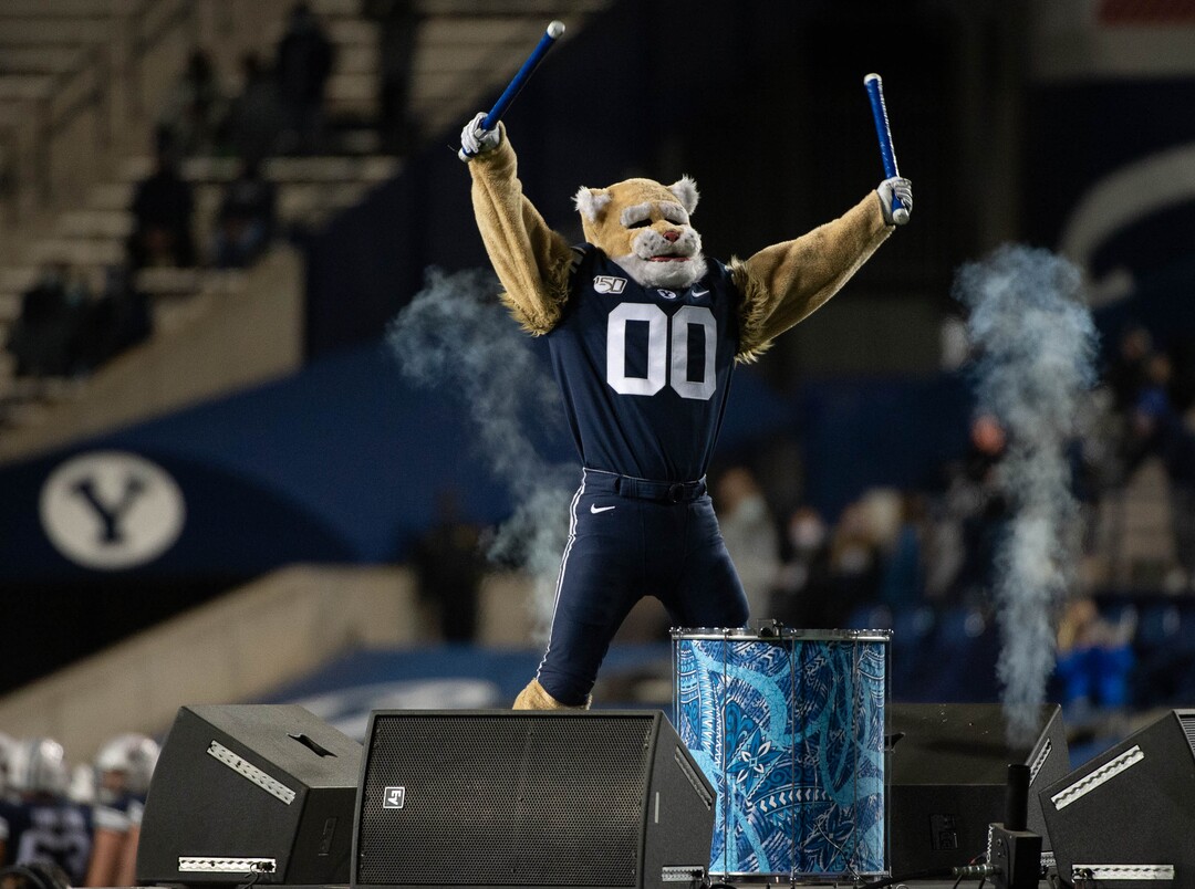 (Francisco Kjolseth  |  The Salt Lake Tribune) Cosmo tries to get the fans pumped up as BYU takes on Texas State during an NCAA college football game at LavVell Edwards Stadium, Saturday, oct. 24, 2020, in Provo, Utah.