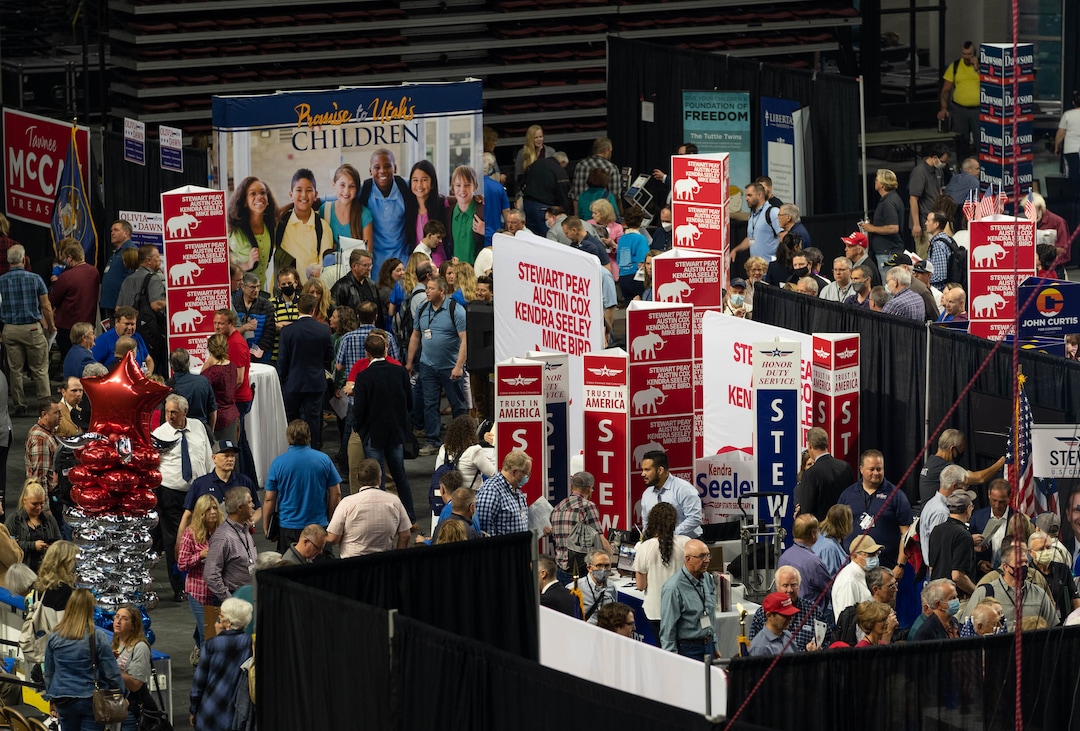 (Francisco Kjolseth | The Salt Lake Tribune) Delegates attend the Utah Republican Party’s 2021 Organizing Convention at the Maverik Center in West Valley City on Saturday, May 1, 2021, as they return to an in-person format after the pandemic forced the nominating convention to go online last year.