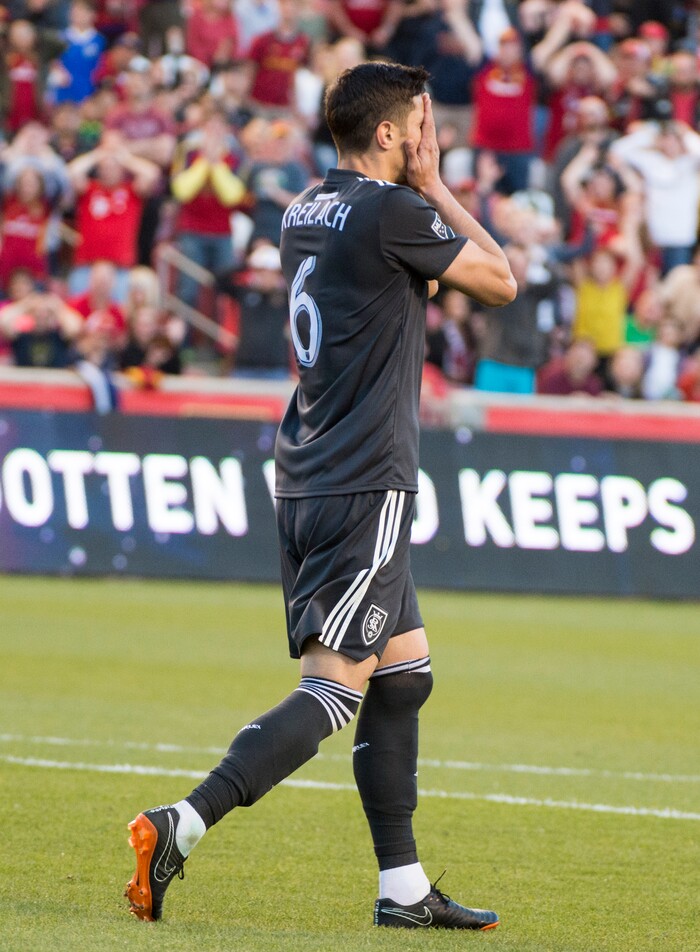 (Rick Egan  |  The Salt Lake Tribune) Real Salt Lake midfielder Damir Kreilach (6) reacts after missing  goal in the fist period, in MLS soccer action, between Real Salt Lake and Colorado Rapids,  at Rio Tinto Stadium, Saturday, April 21, 2018.


